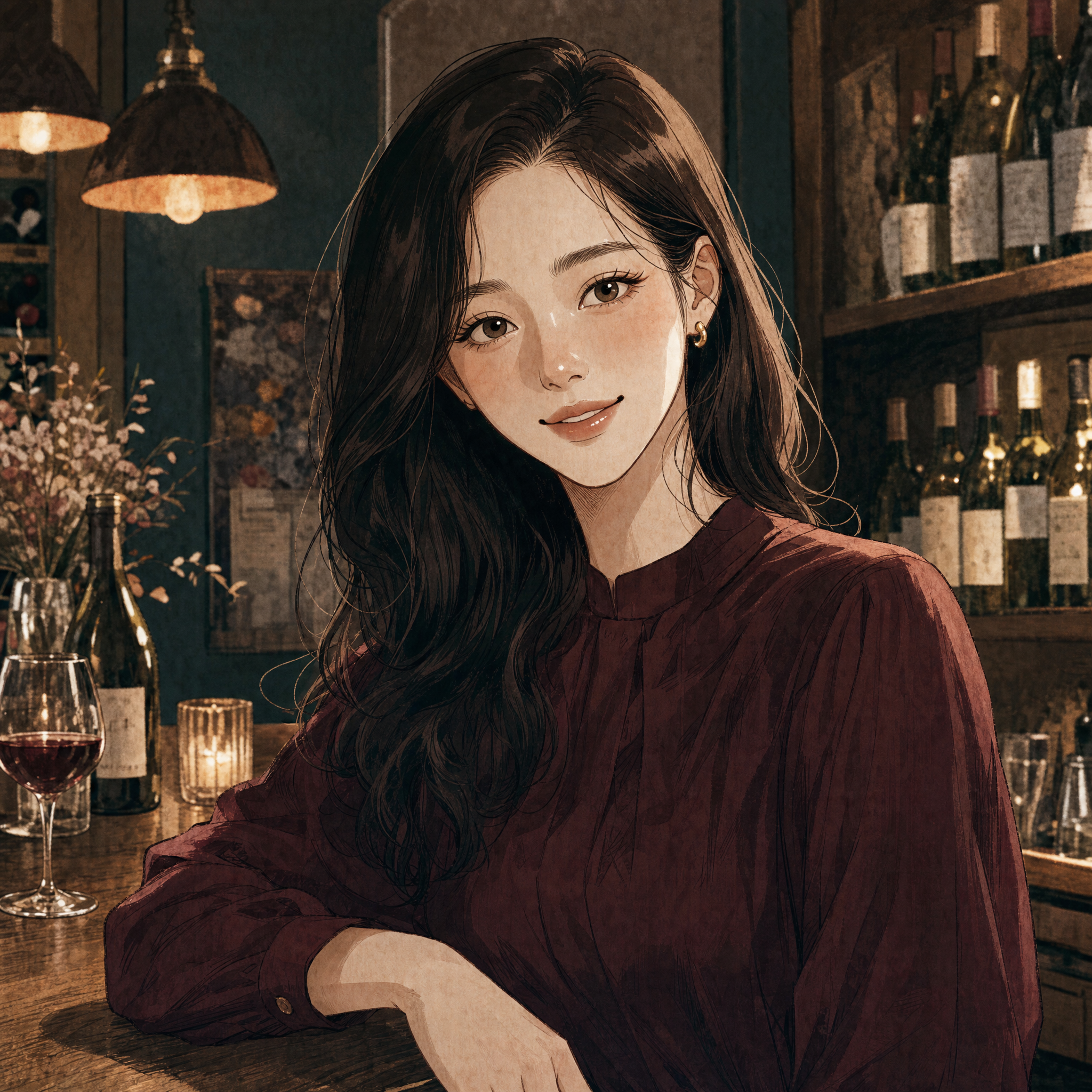 따뜻한 조명의 와인바에 있는 차서윤 콘셉트 일러스트